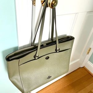 Coach Large Olive Green Leather Tote Bag with Gunmetal Accents